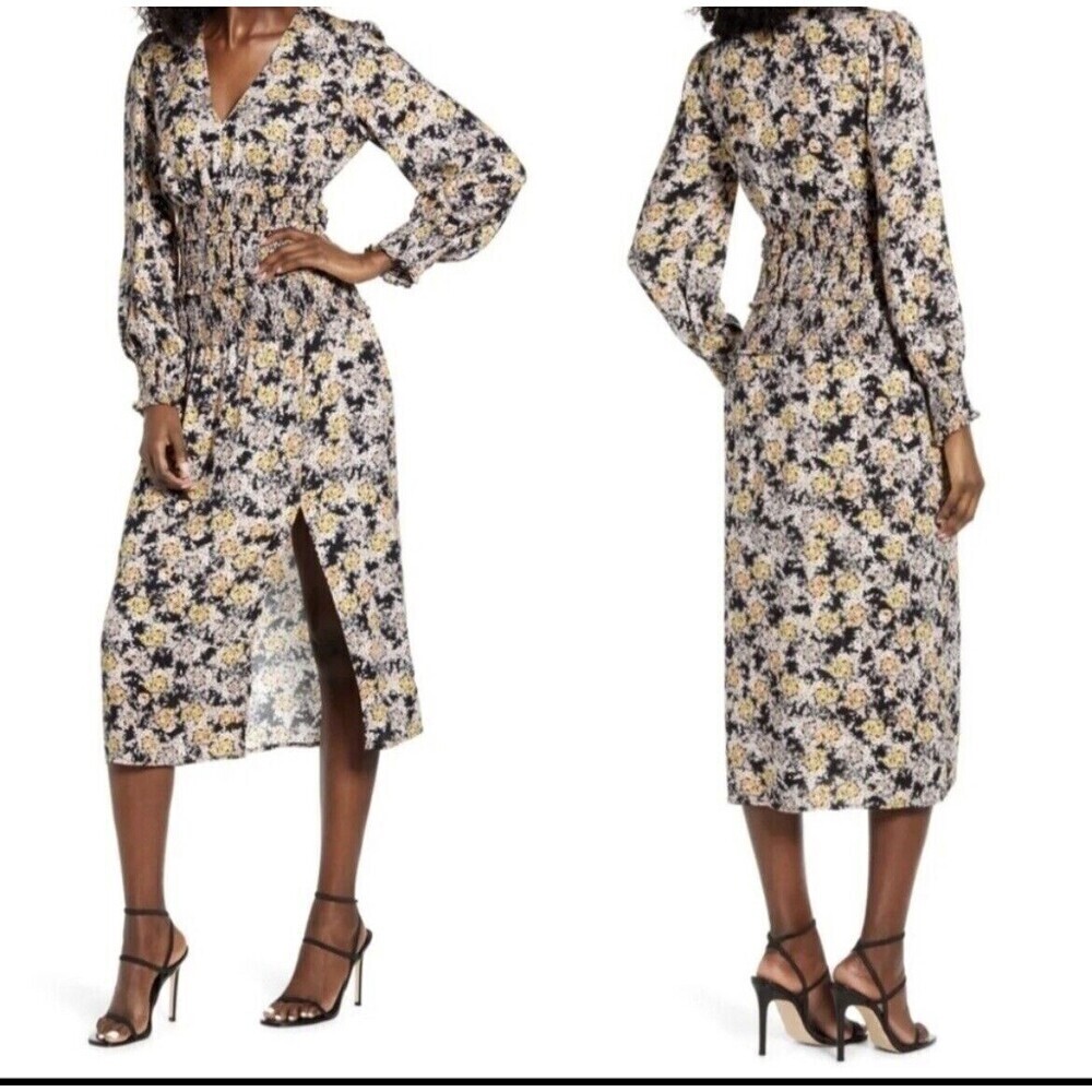 AFRM Hazel Floral Smocked Long Sleeve Midi Dress In Gold Bouquet Size XS $110